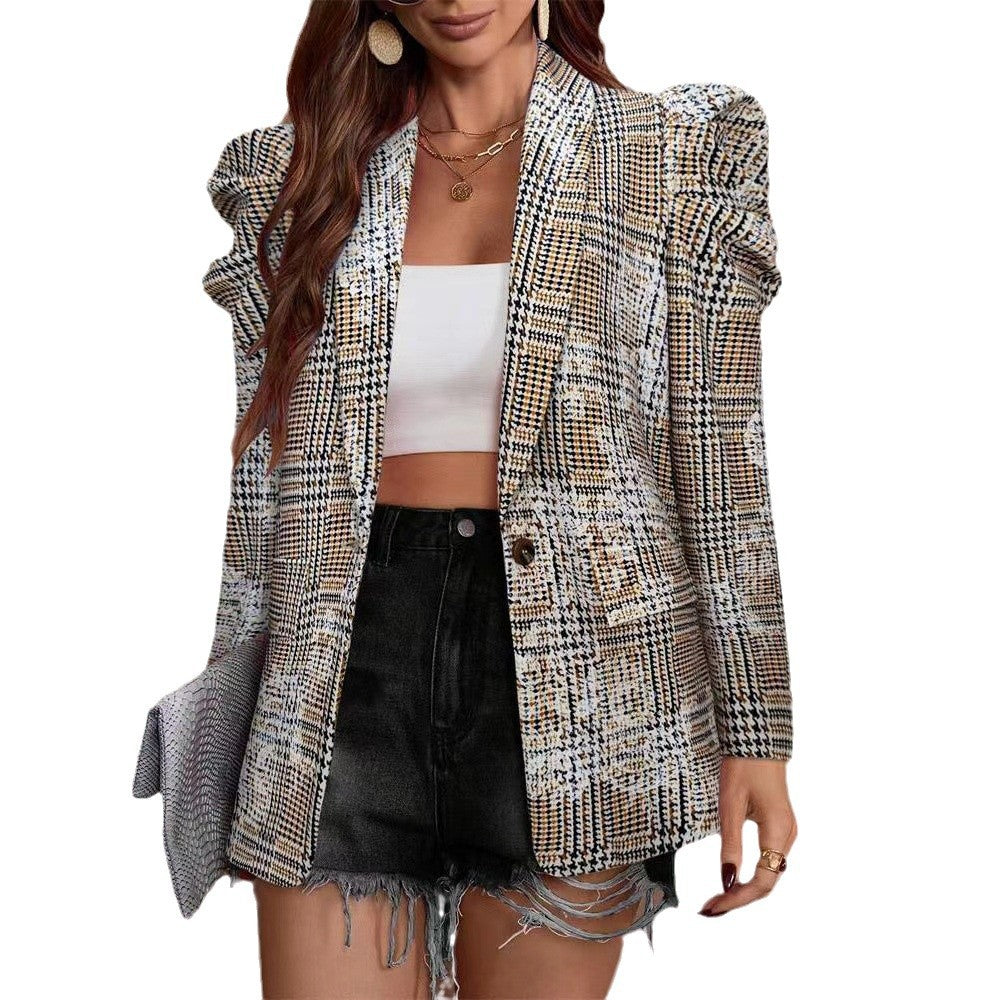 Dames Stijlvolle Elegante Geruite Blazer met Pofmouwen | Bailani