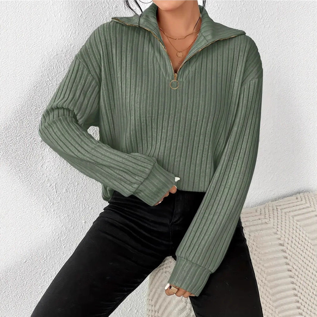 Dames Warme Trendy Rib Top met Lange Mouwen en Rits Detail | Riv