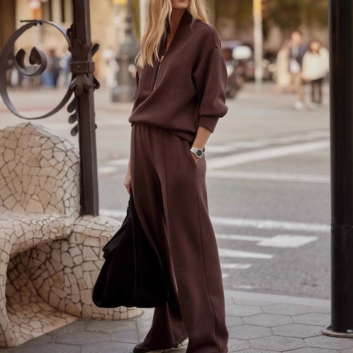 Dames Stijlvolle Elegante Tweedelige Gebreide Set met Broek en Pullover met Rits | Darice