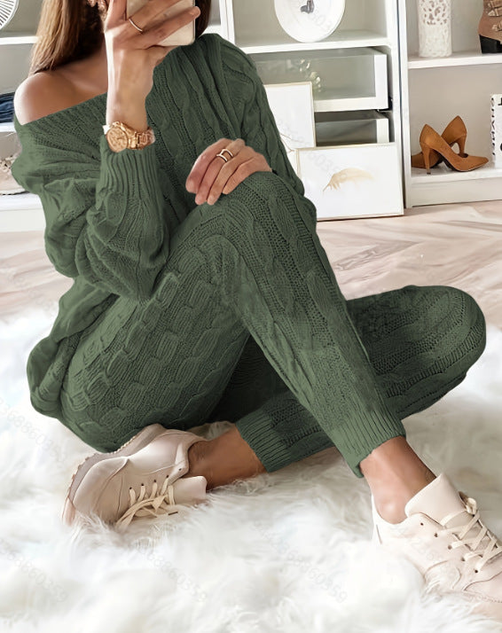 Dames Warme Tweedelige Lounge Wear Set met Legging en Top in Kabel Patroon | Delivra