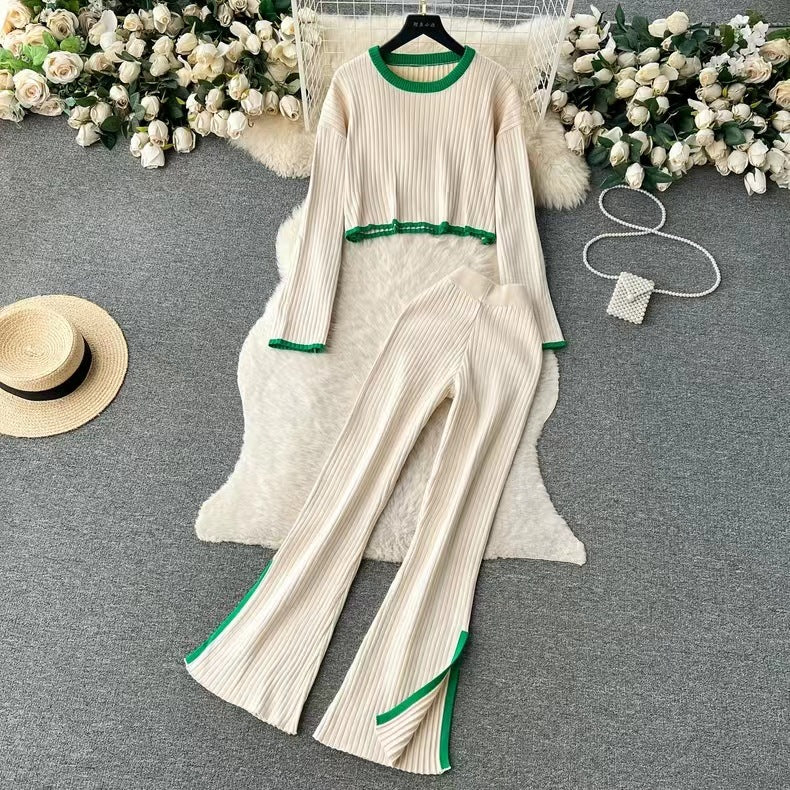 Dames Sportieve Gebreide Tweedelige Set met Broek en Top met Streep Details | Denice