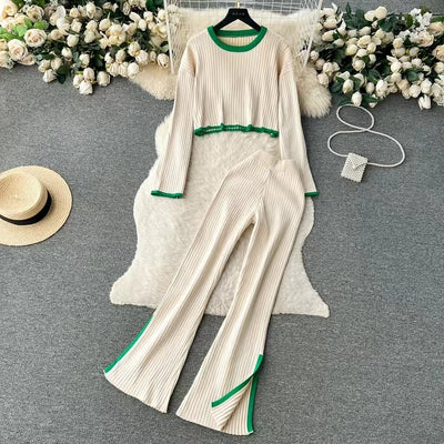 Dames Sportieve Gebreide Tweedelige Set met Broek en Top met Streep Details | Denice