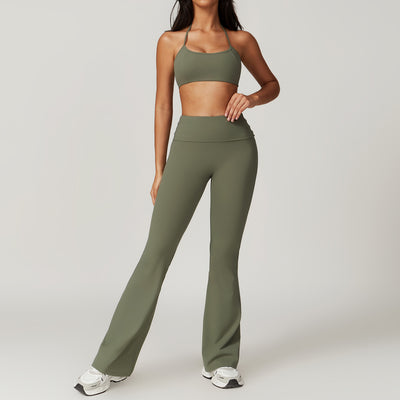 Dames Tweedelige Sneldrogend Naadloze Sportieve Yoga Set met Flare Pant en Top | Damoria