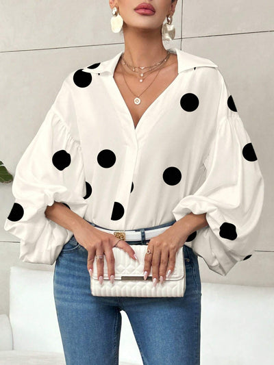 Dames Elegante Koreaanse Style Trendy Blouse met Ballon Mouwen en Grote Polka Dot Stippen Print | Hermalien