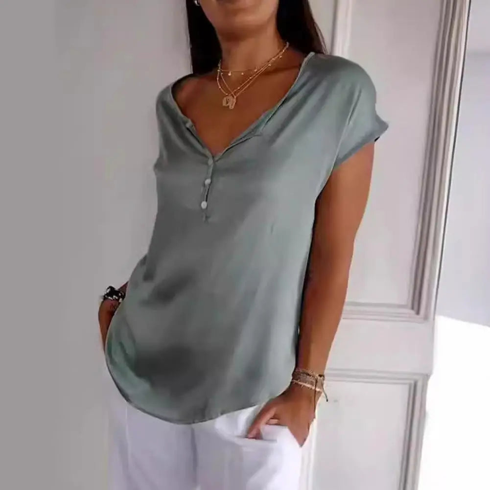 Dames Tijdloze Elegante V-Hals Top met Knoop Detail | Tebora