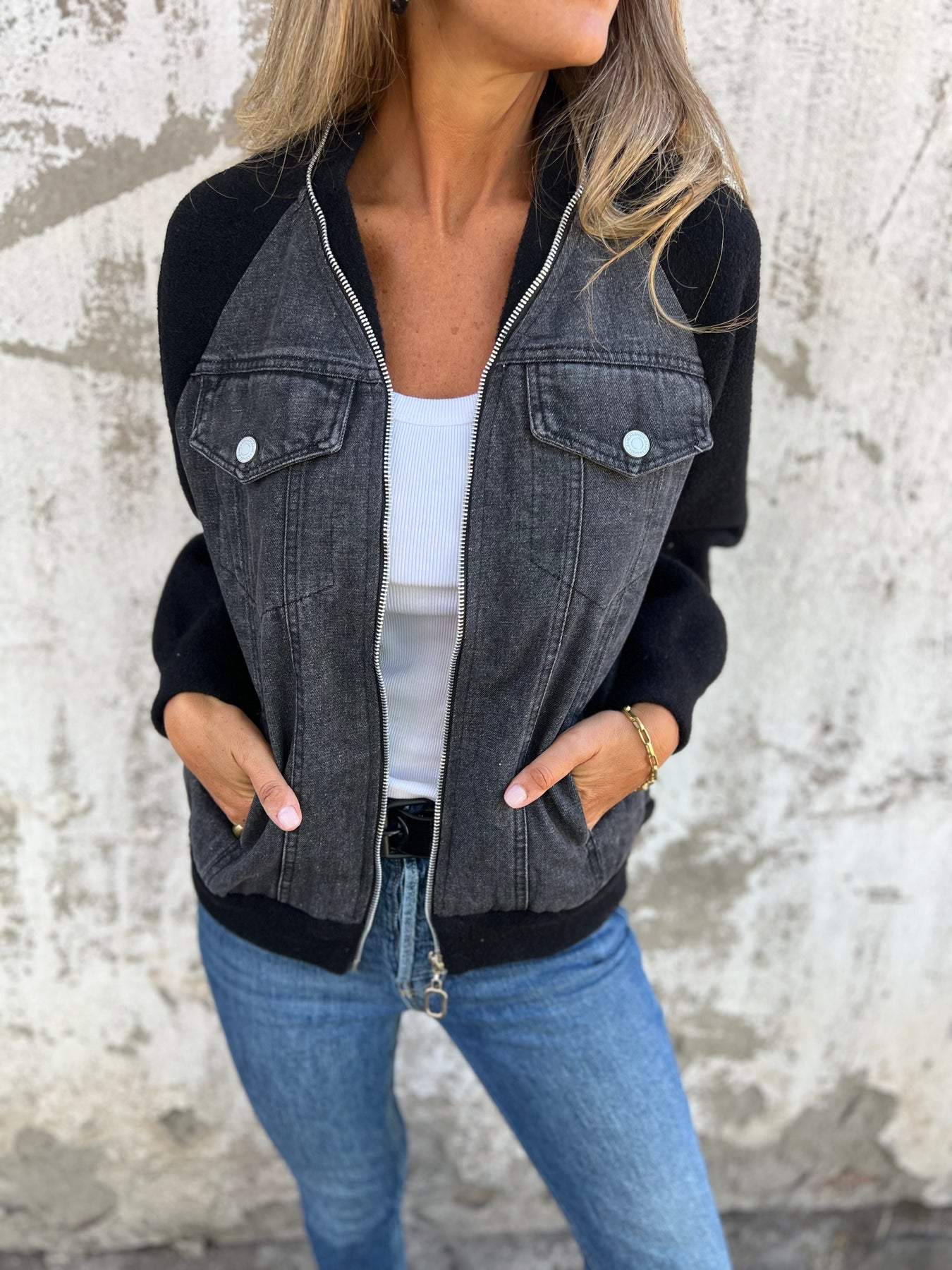 Dames Trendy Denim Tussenjas met Fleece Mouwen | Blanche